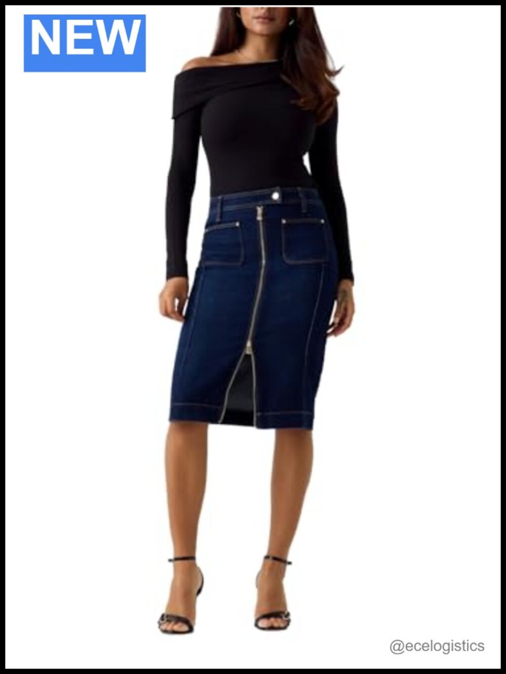 Eco Denim Longline Skirt High Rise A-Line Zipper Stretch Cotton